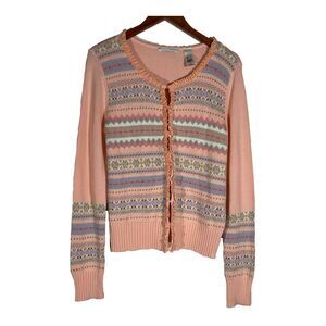 Retro Knit Pink Cardigan Velvet Trim Pastel Stripes L Crazy Horse Liz Claiborne